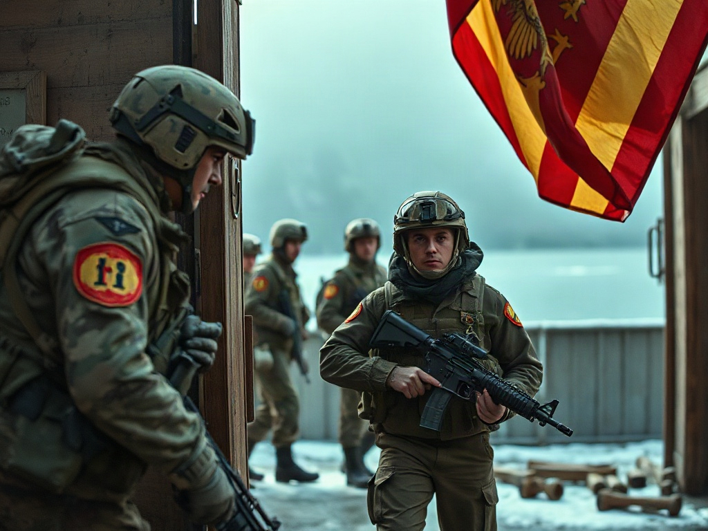 Солдаты в военной форме с оружием на фоне флага, готовые к действию в зимних условиях.