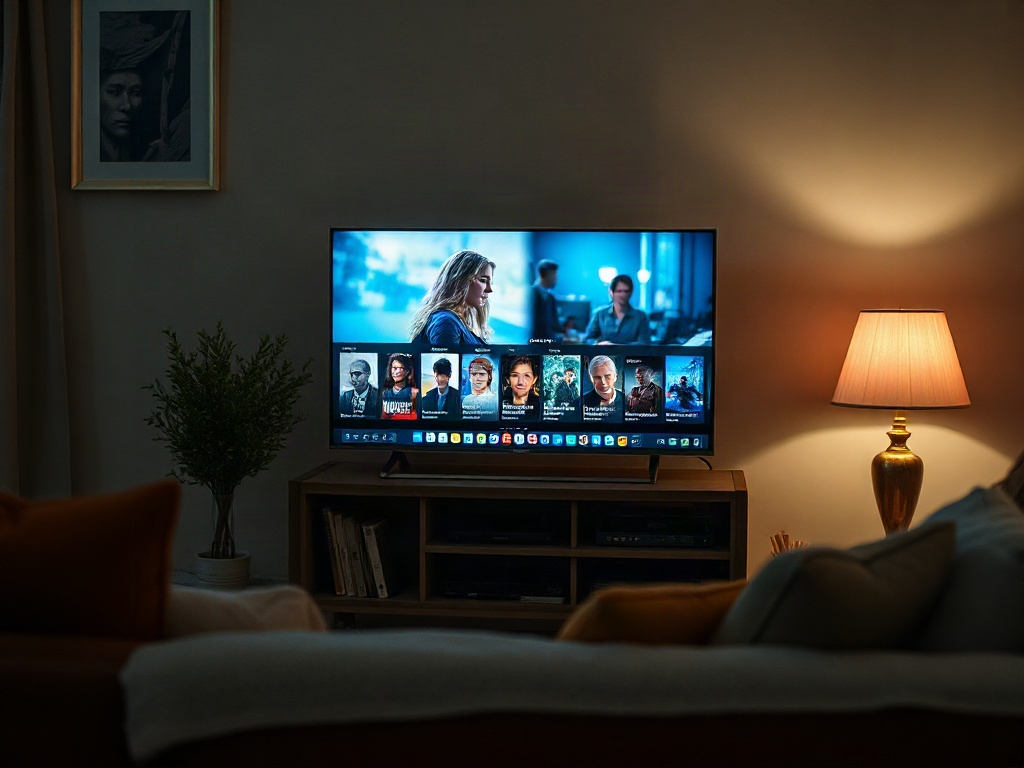 На экране телевизора показаны различные фильмы и сериалы, освещённая лампа и уютная мебель.